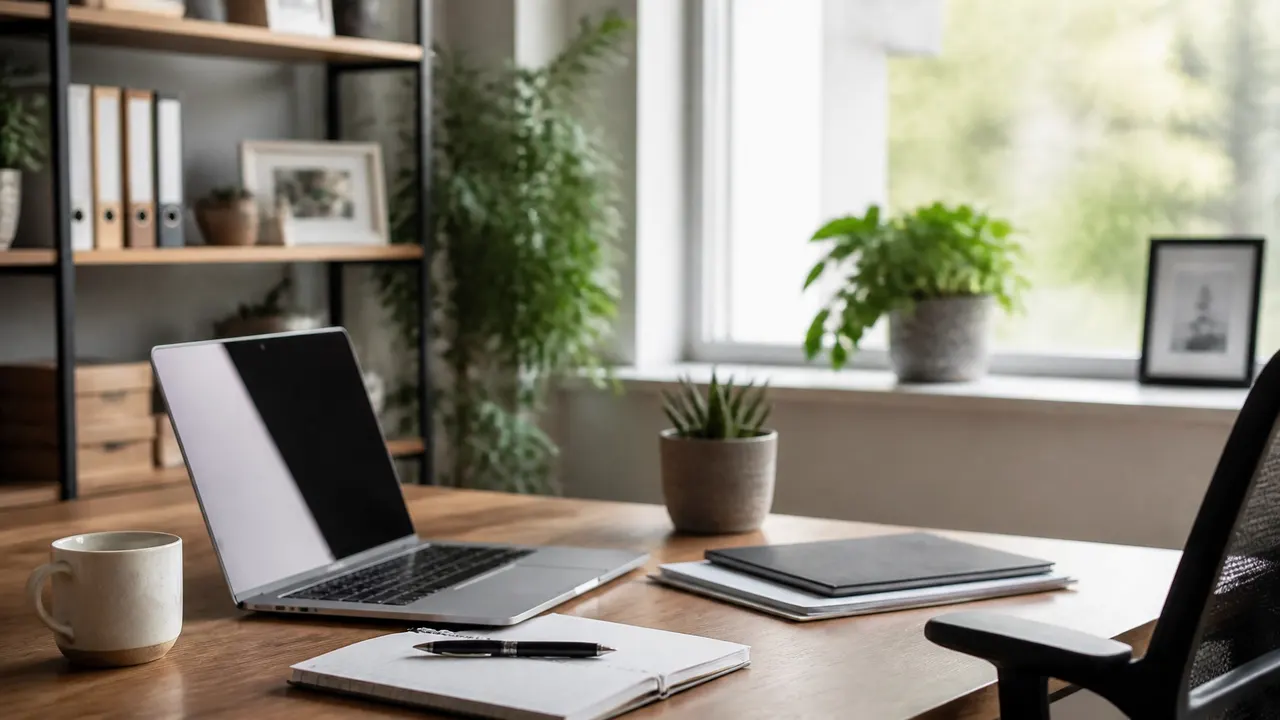 A calm home office desk ready for focused project work
