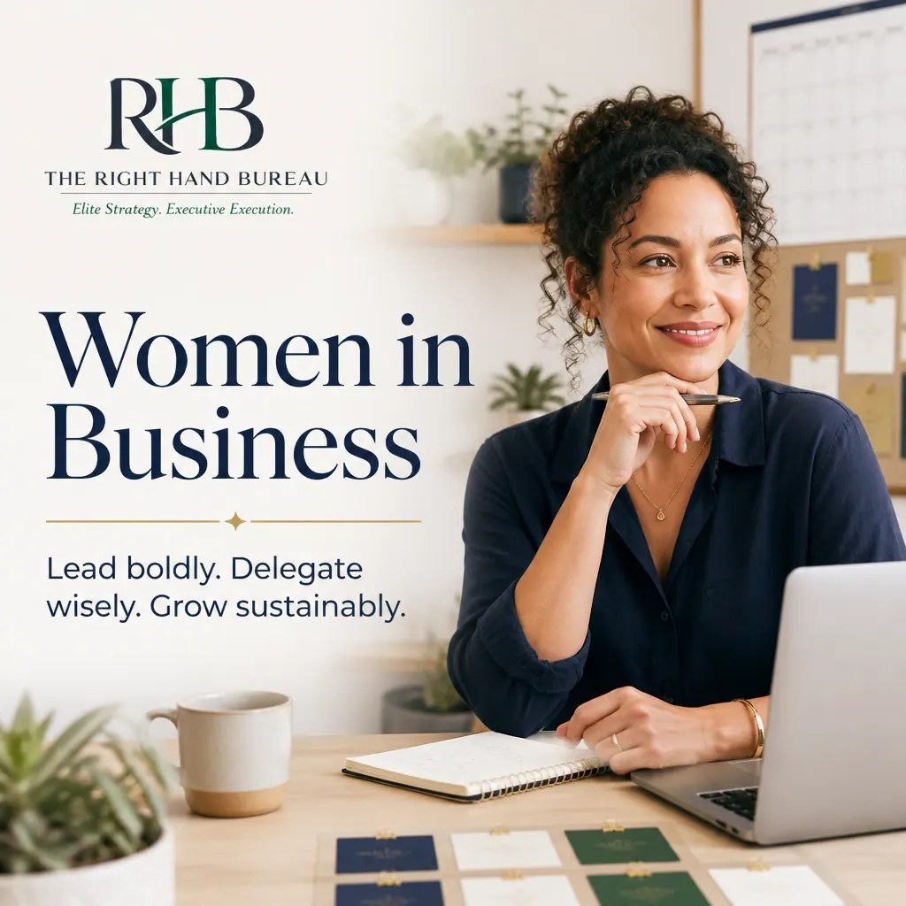 The Right Hand Bureau branded graphic with the words "Women in Business: Lead Boldly, Delegate Wisely"