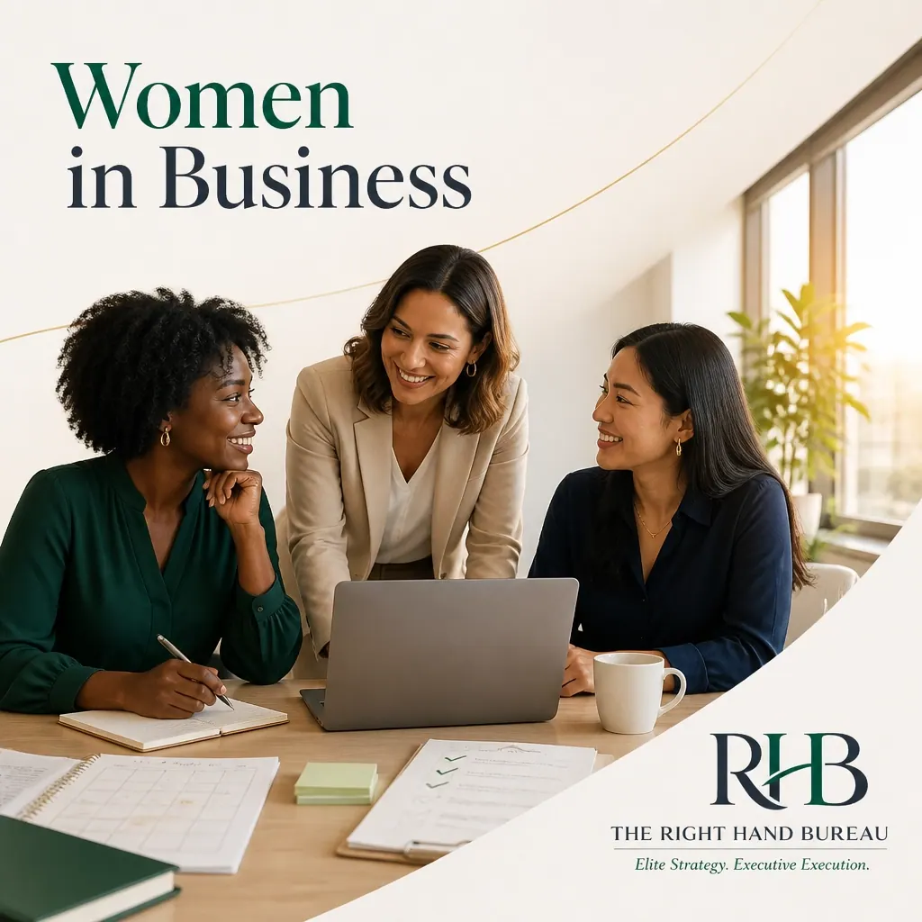 The Right Hand Bureau branded graphic with the words "Women in Business: The Support Behind Momentum"