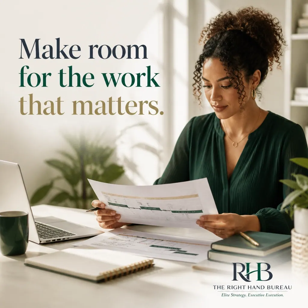 The Right Hand Bureau branded graphic with the words "Women in Business: Make Room for the Work That Matters"