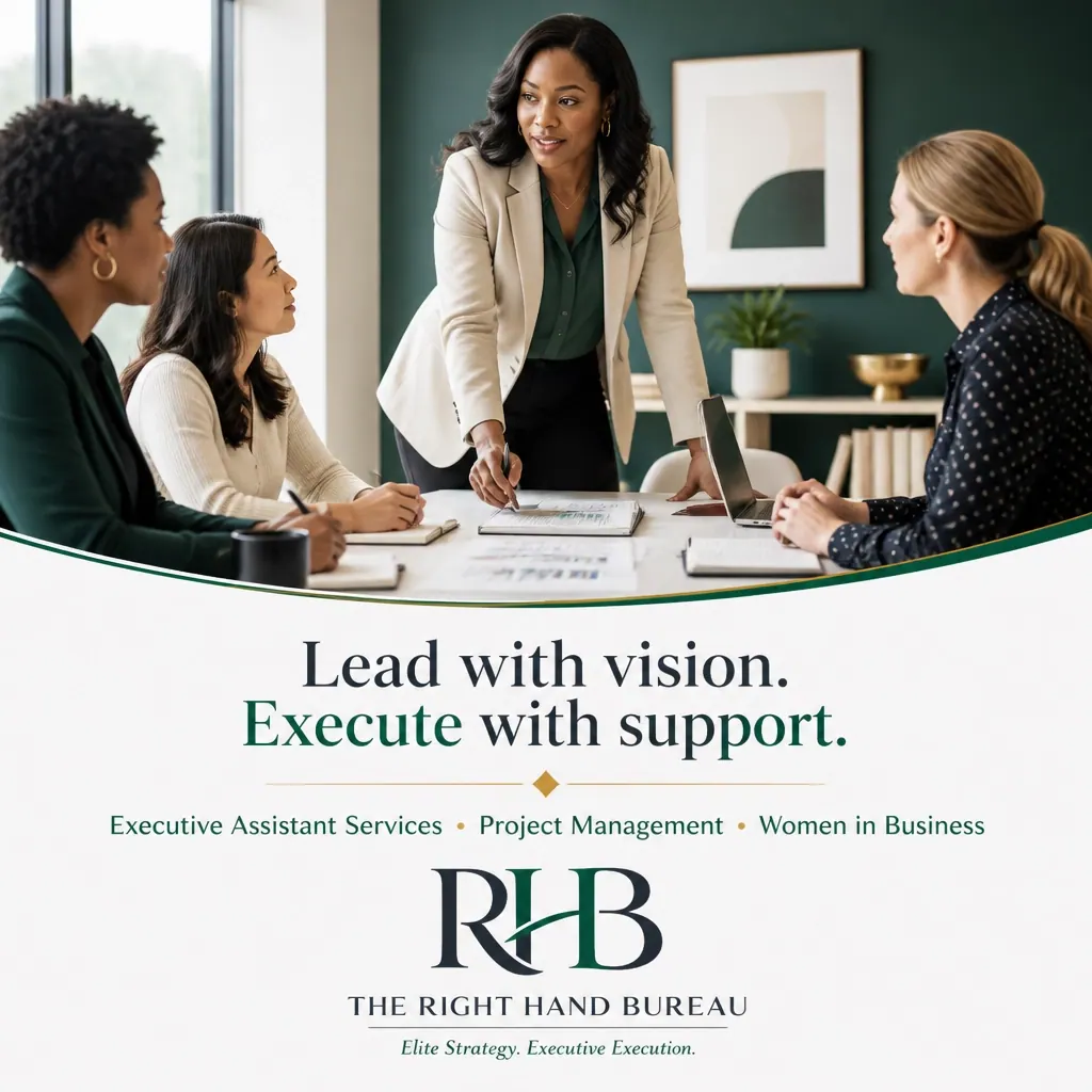 The Right Hand Bureau branded graphic with the words "Lead with vision. Execute with support."