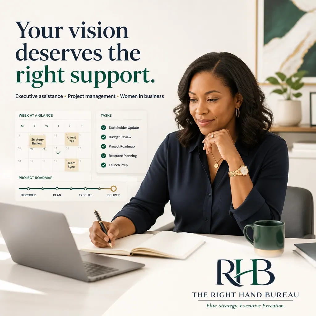The Right Hand Bureau branded graphic with the words "Your Vision Deserves the Right Support"