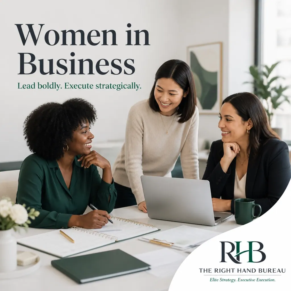 The Right Hand Bureau branded graphic with the words "Women in Business: Lead Boldly, Execute Strategically"
