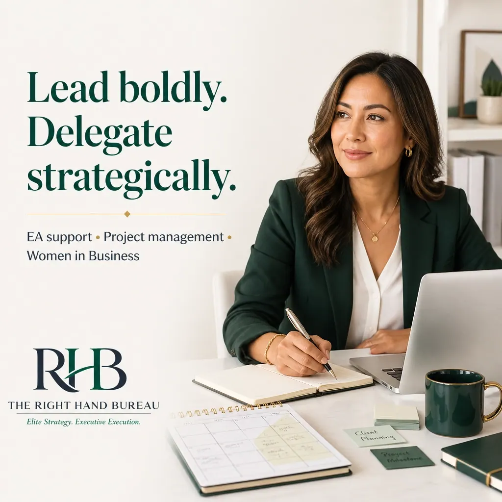 The Right Hand Bureau branded graphic with the words "Lead boldly. Delegate strategically."