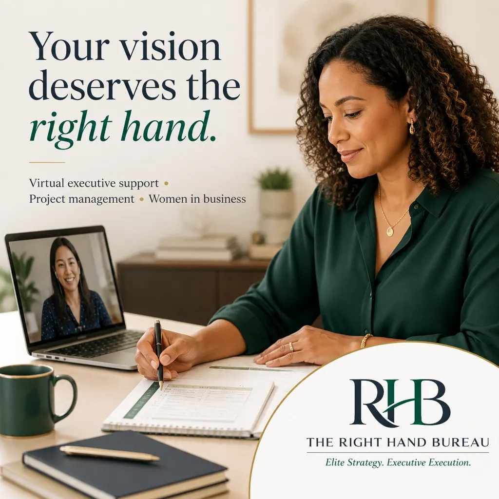 The Right Hand Bureau branded graphic with the words "Women in Business: Your Vision Deserves the Right Hand"