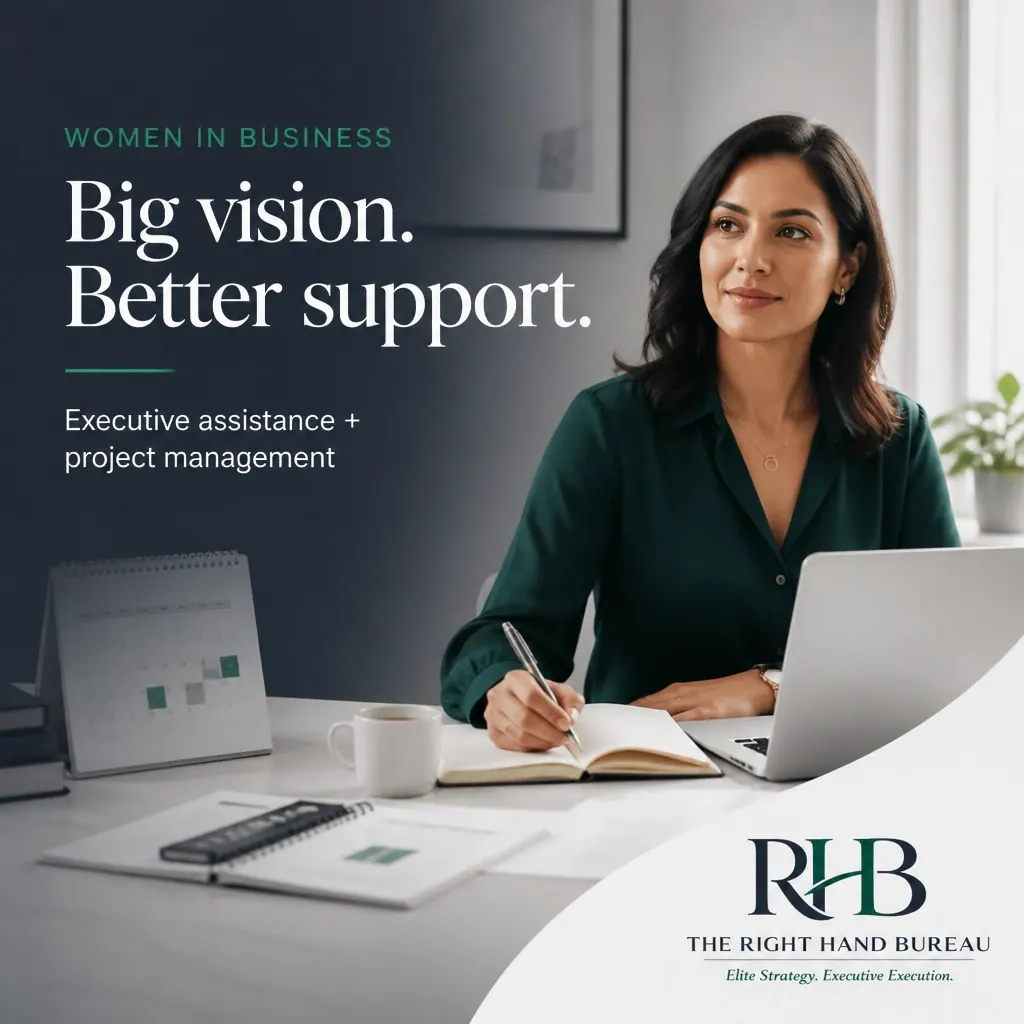 The Right Hand Bureau branded graphic with the words "Women in Business: Better Support for Big Vision"