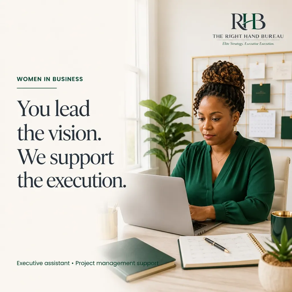 The Right Hand Bureau branded graphic with the words "Women in Business: Support Behind the Vision"