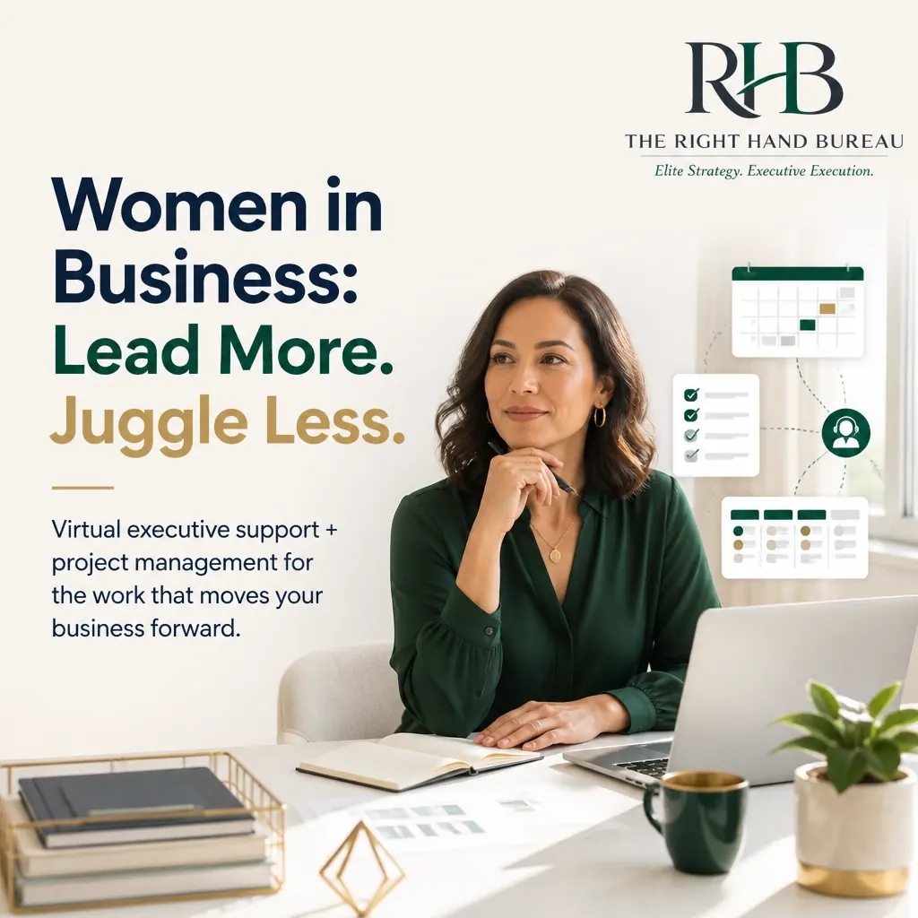 The Right Hand Bureau branded graphic with the words "Women in Business: Lead More. Juggle Less."