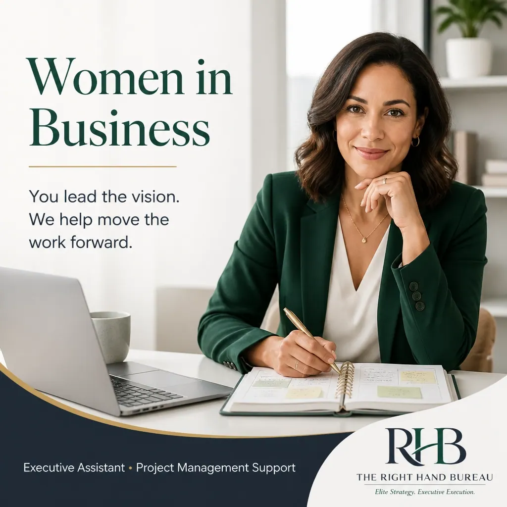 The Right Hand Bureau branded graphic with the words "Women in Business: Lead the Vision. Move the Work Forward."