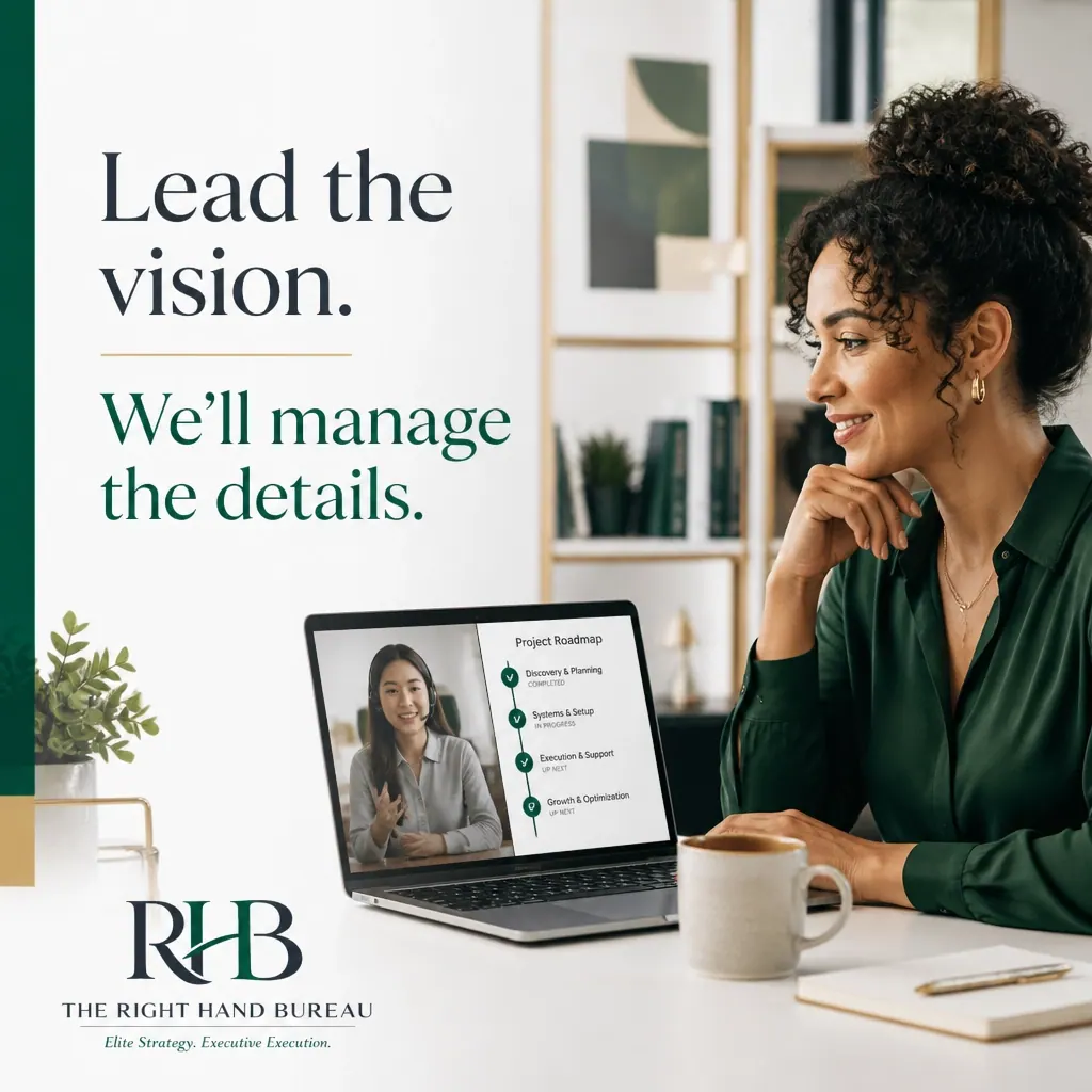 The Right Hand Bureau branded graphic with the words "Lead the Vision. We'll Manage the Details."
