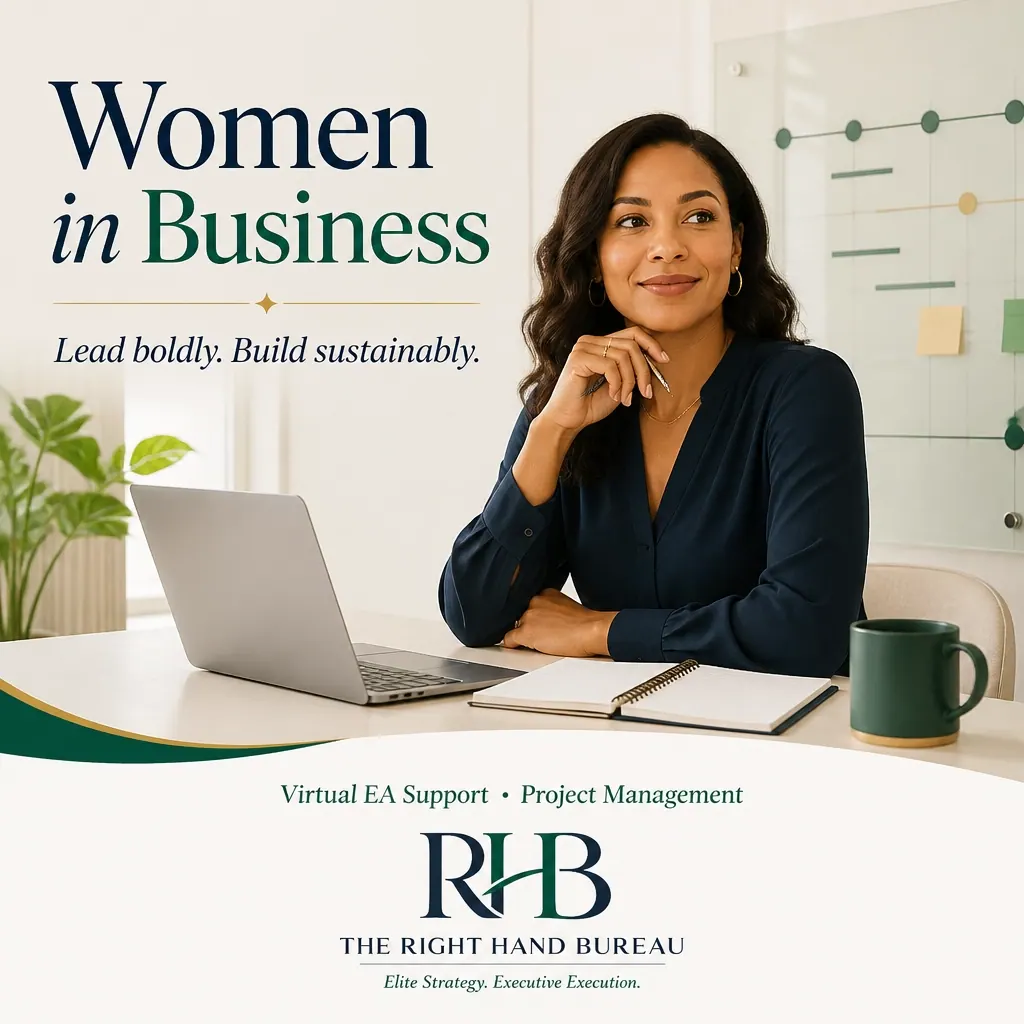 The Right Hand Bureau branded graphic with the words "Women in Business: Lead Boldly, Build Sustainably"