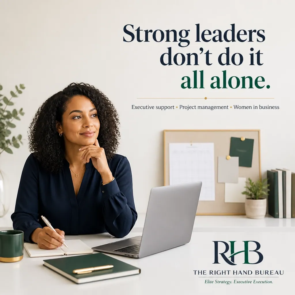 The Right Hand Bureau branded graphic with the words "The Support Behind Strong Leadership"
