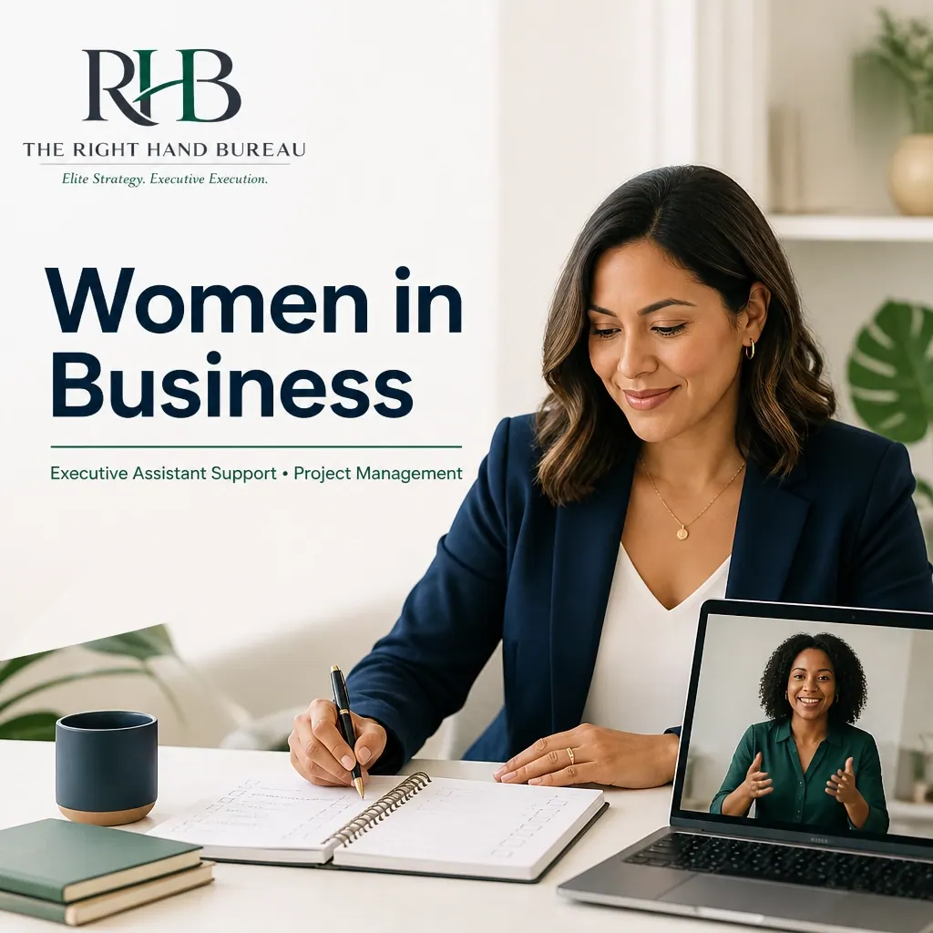 The Right Hand Bureau branded graphic with the words "Women in Business: The Right Support to Keep Moving Forward"