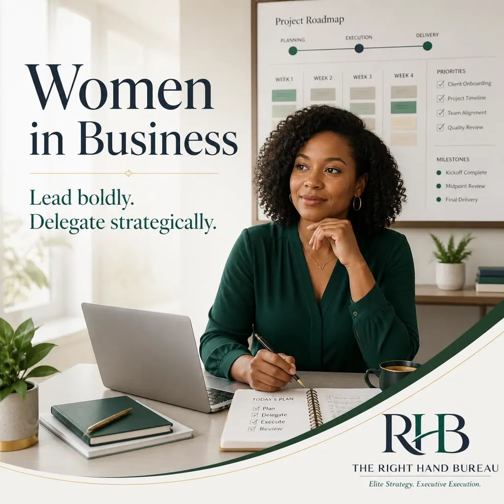 The Right Hand Bureau branded graphic with the words "Women in Business: Lead Boldly, Delegate Strategically"